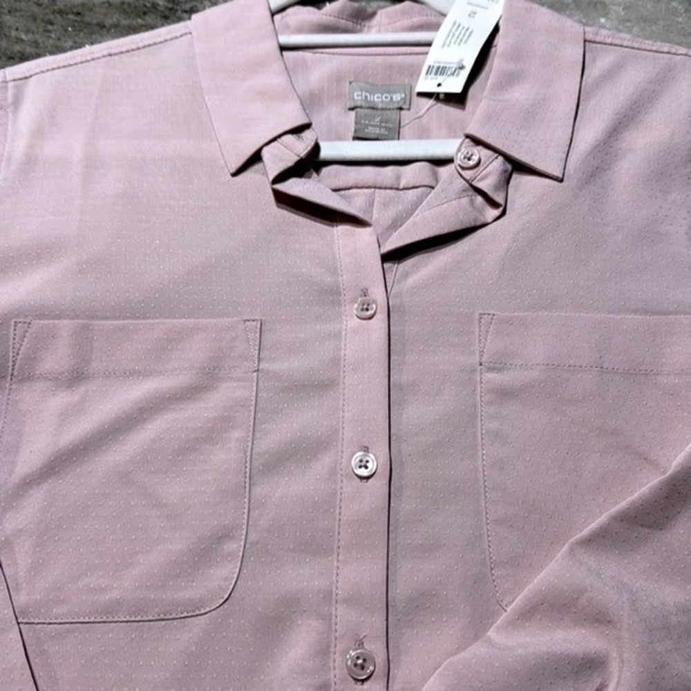 Chico's Shirt Womens 2 Pink Dotted Texture Long Sleeve Pocket Button Up Blouse